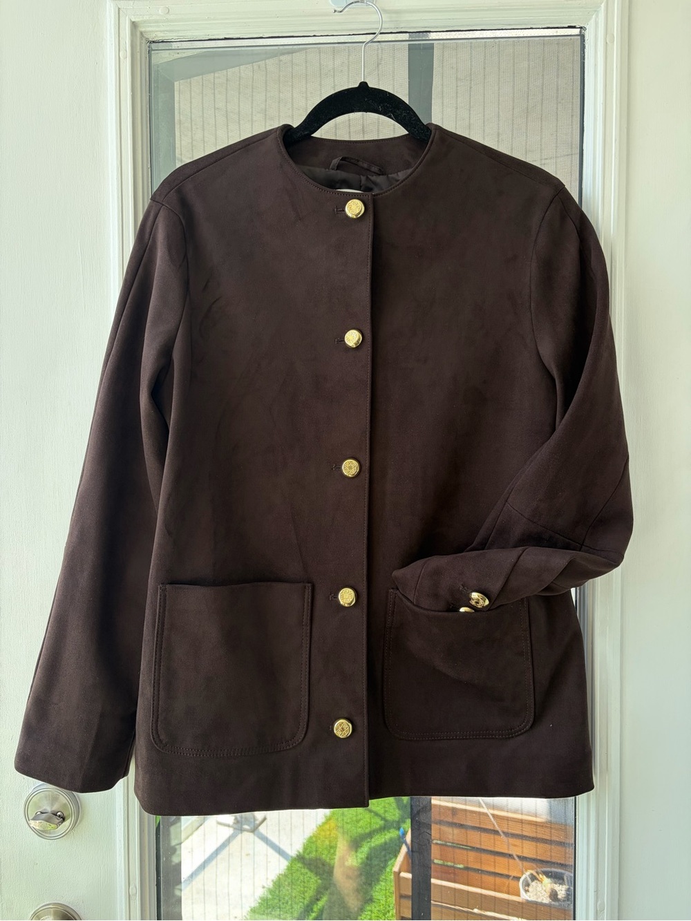 Dark Brown Faux Suede Button-Front Jacket